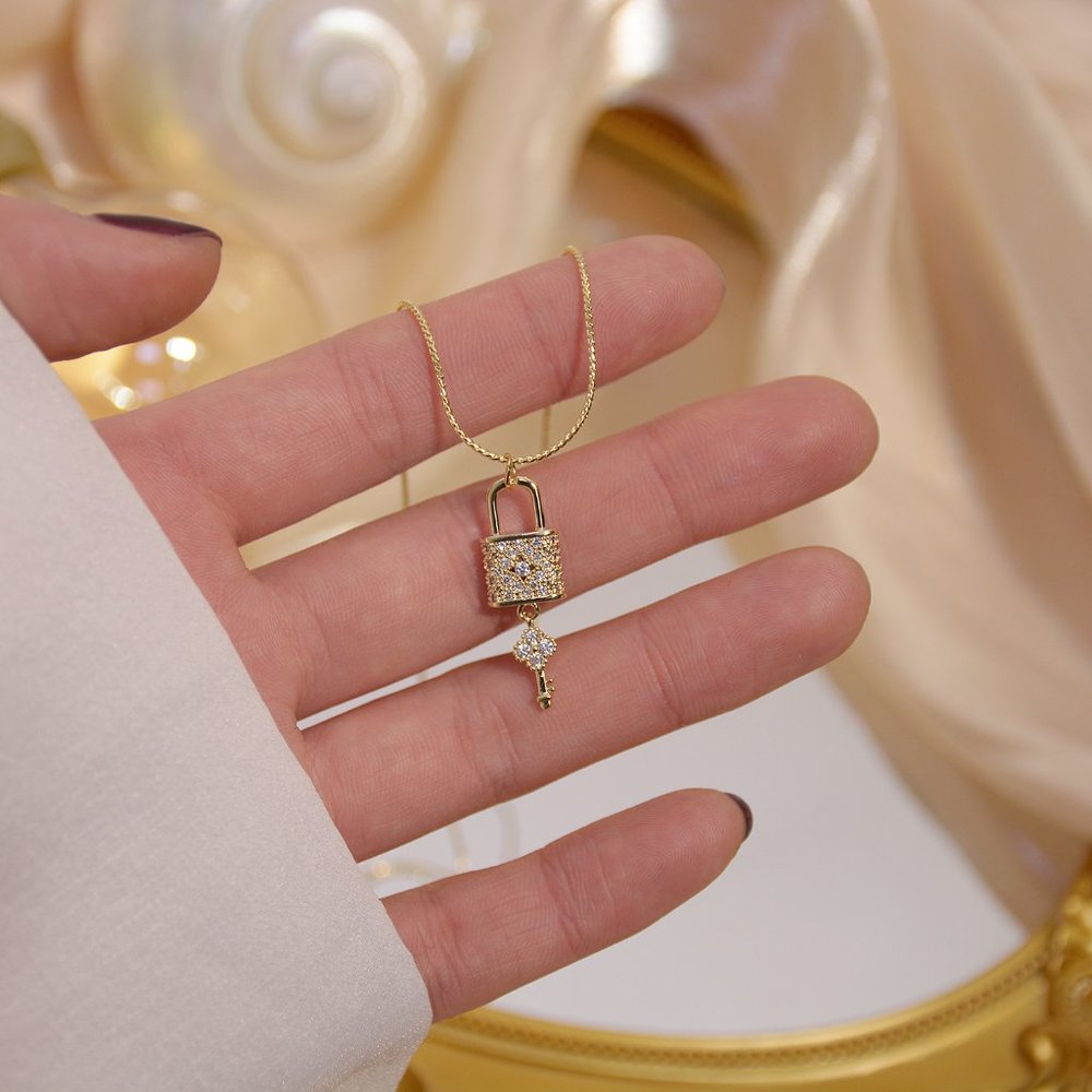 NEW 14K Gold Plated Diamond Lock Key Necklace - Picture 2 of 14